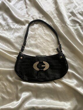 Vintage y2k Guess Black Patent Croc Leather Silver G Buckle Shoulder Bag